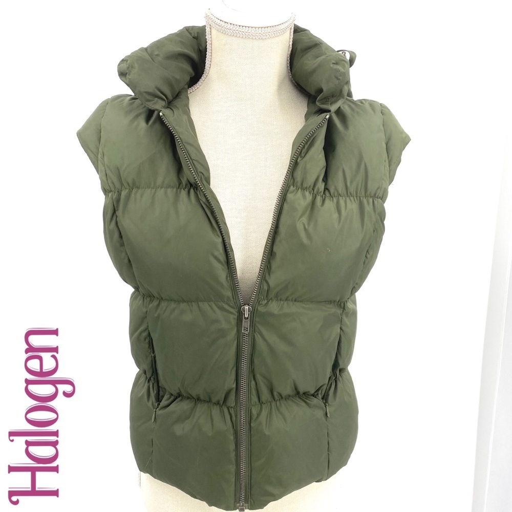 Halogen hunter green puffer vest removable hood